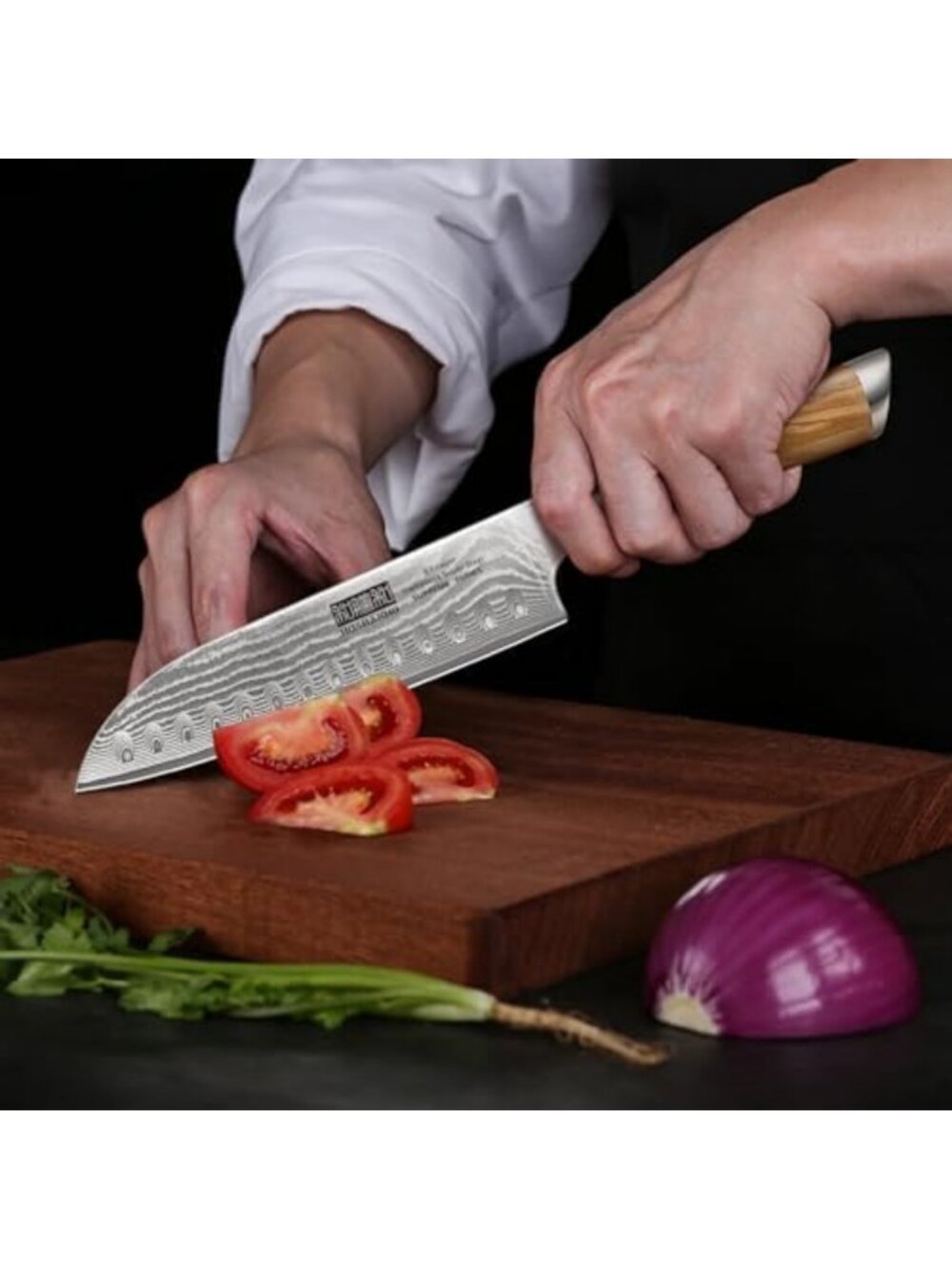 7" Damascus Santoku Knife - Sharp Chef Knife with Ergonomic Wood Handle - Picture 6 of 7
